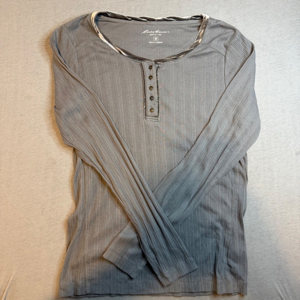 Eddie Bauer Womens Grey Ribbed Long Sleeve Henley Medium 100% Cotton Bella Swan